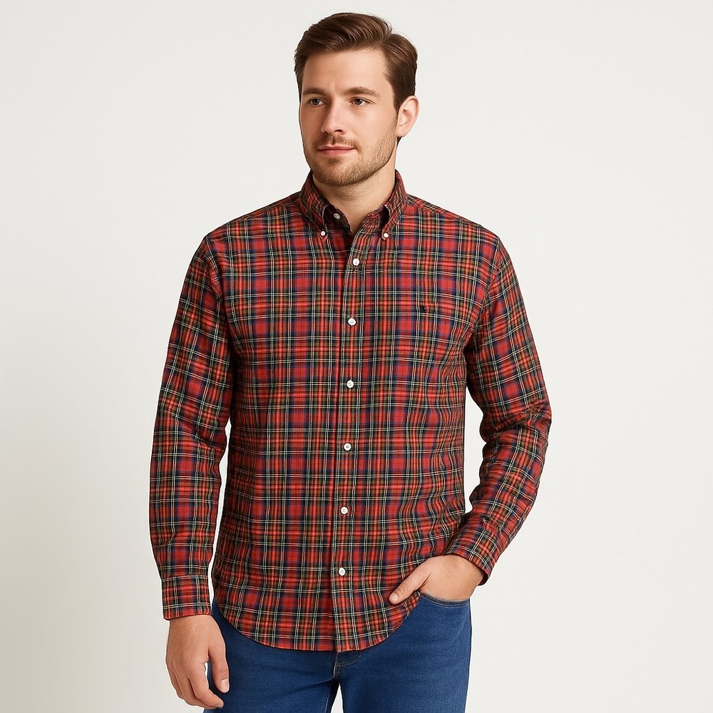 VTG 80s-90s Ralph Lauren Yarmouth Red Plaid Cotton Button Down XL Tartan Preppy